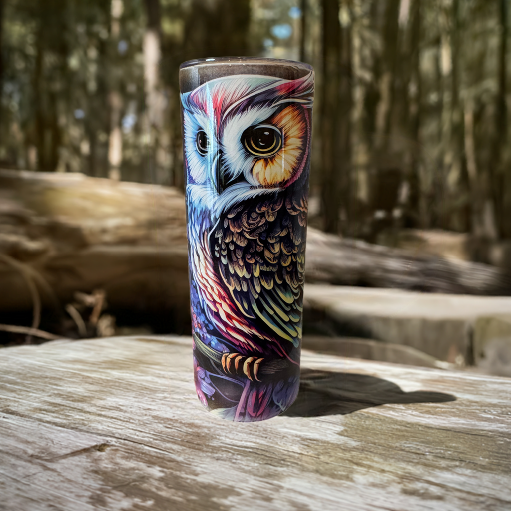 Neon Owl Stainless Steel Tumbler – Vibrant Animal Print Travel Cup
